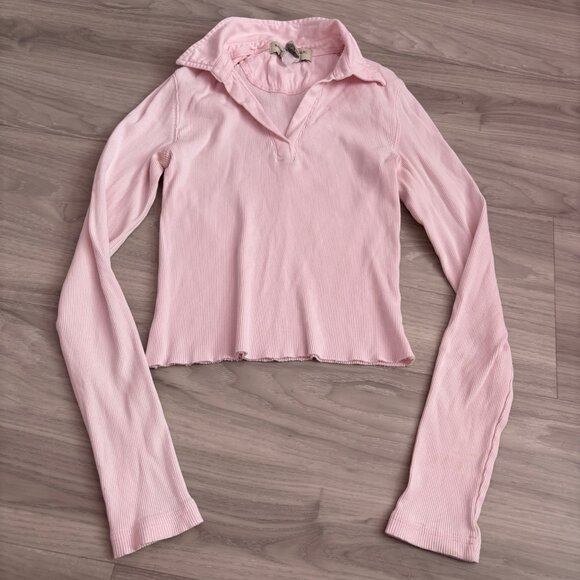 Banana Republic Pink Ribbed Collared Long Sleeve Top Women’s Small - Picture 1 of 6